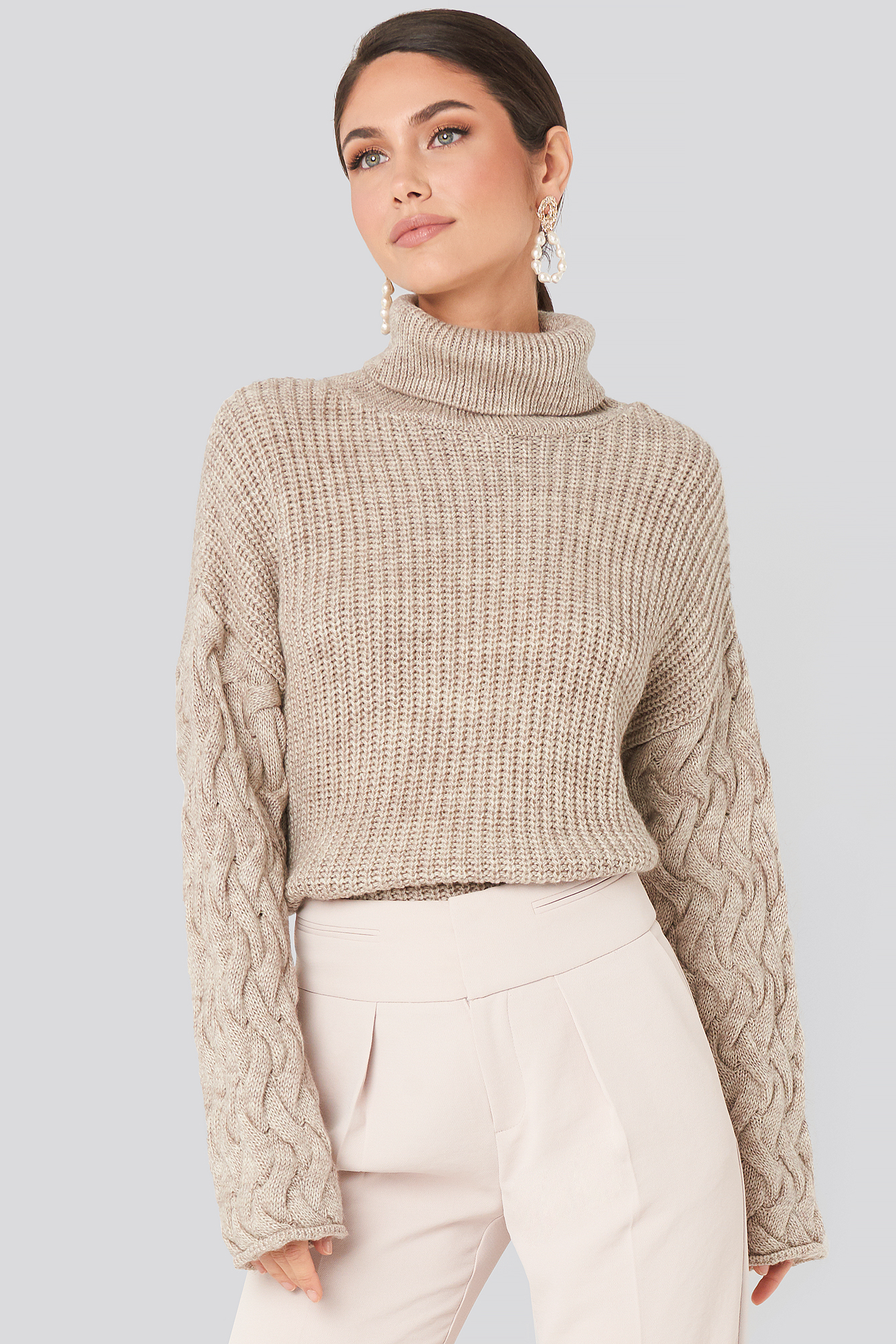 Beige Cable Sleeve High Neck Sweater