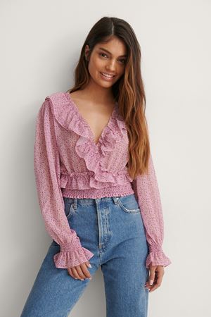 Pink Flower Cropped Flounce LS Blouse
