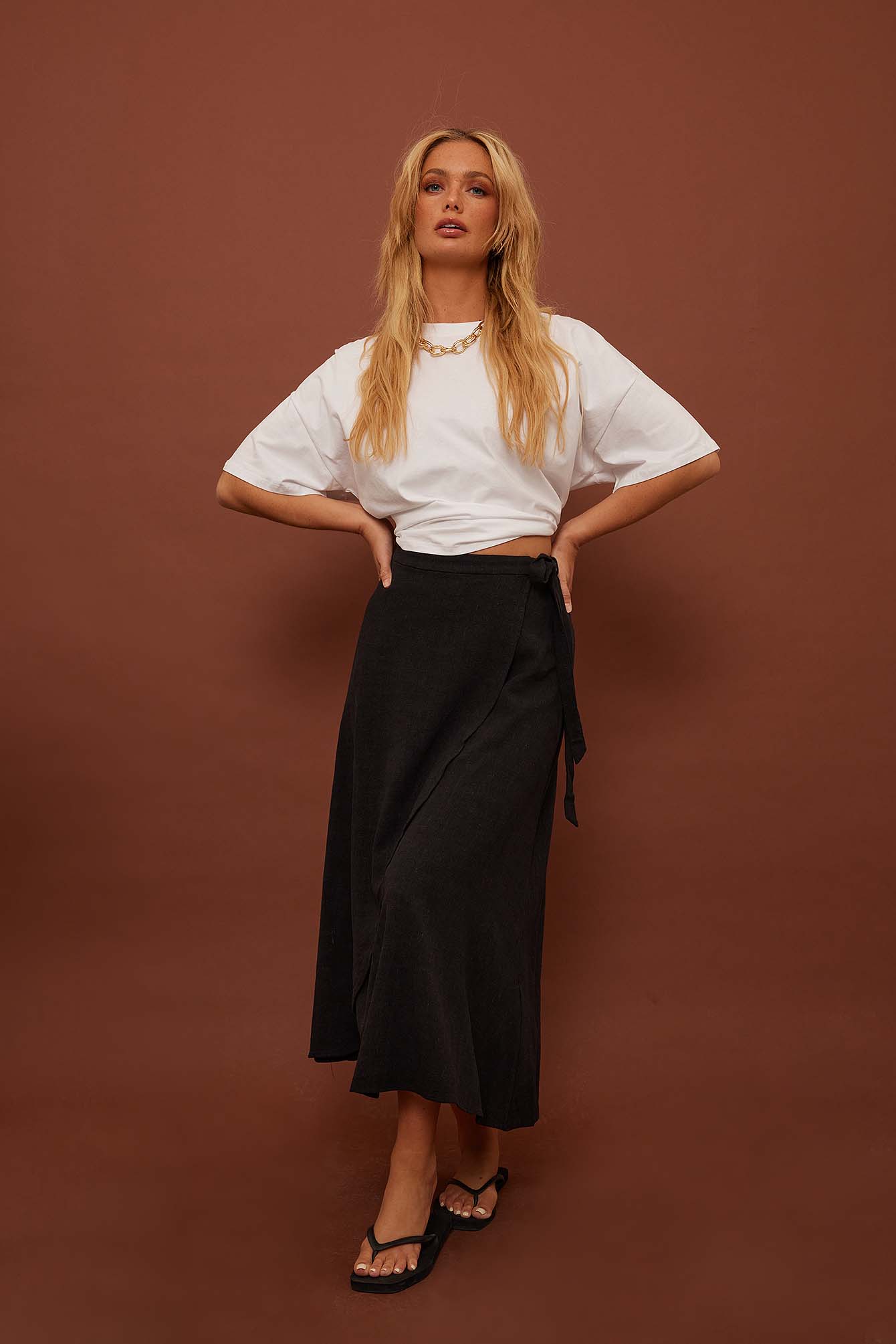 Black Linen Blend Midi Wrap Skirt