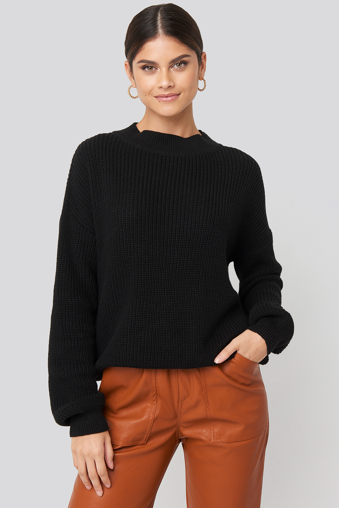 Deep Black Loose Fit Ribbed High Neck Sweater