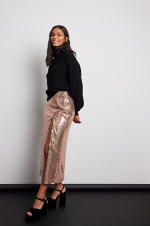 Gold Midi Slit Detail Sequin Skirt