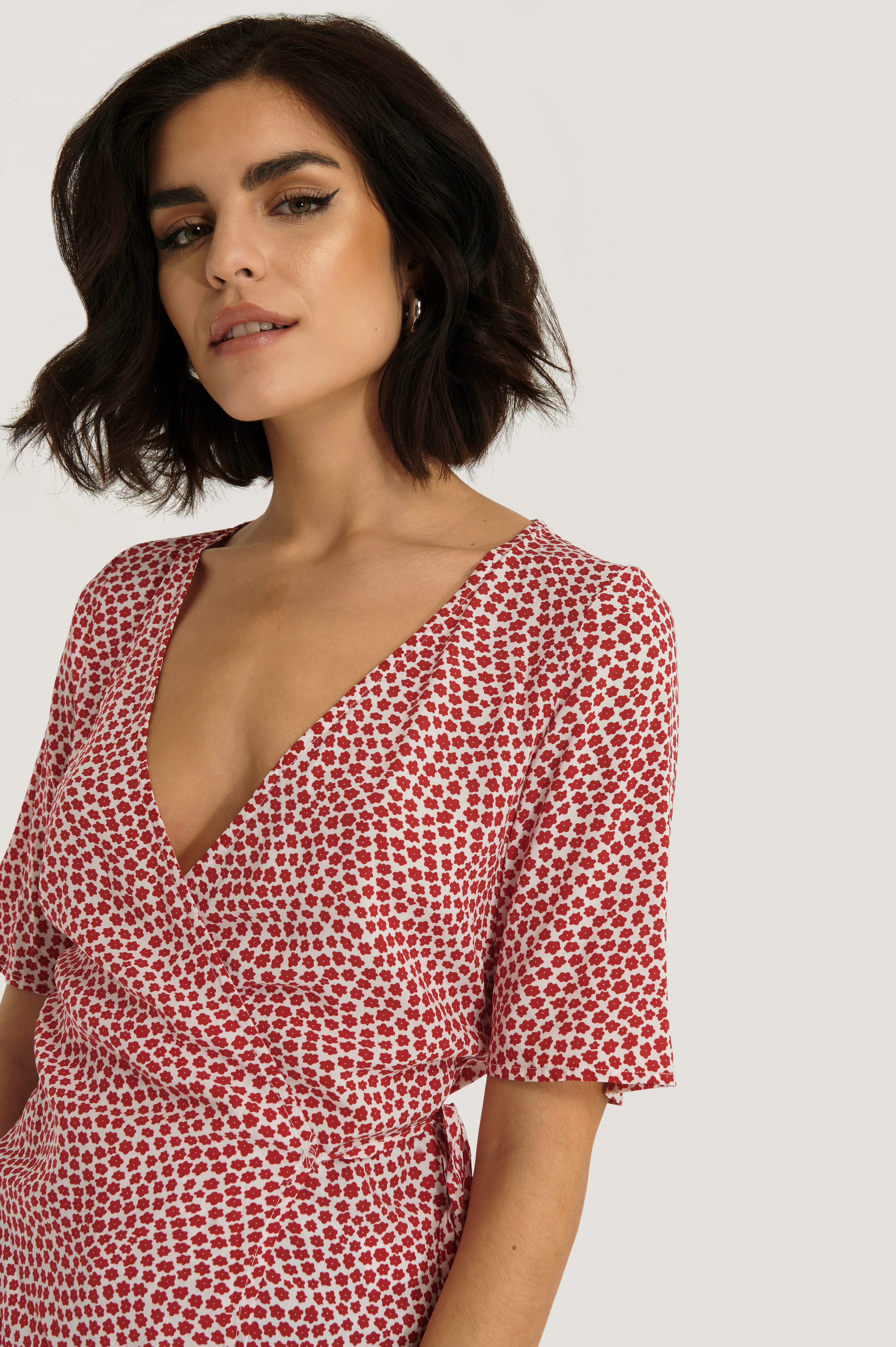 Red Overlap Short Sleeve Printed Blouse
