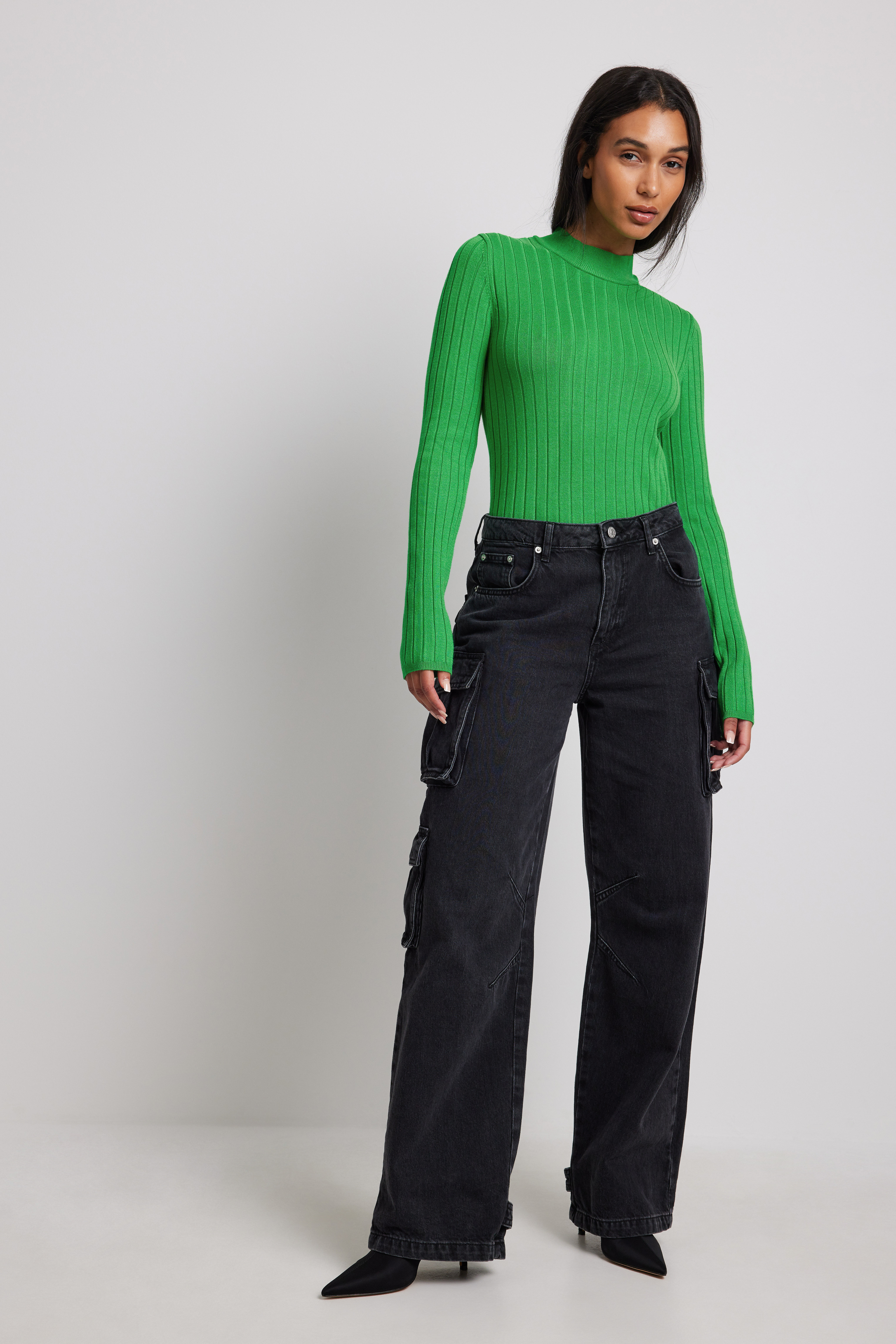 Green Ribbed High Neck Knitted Sweater