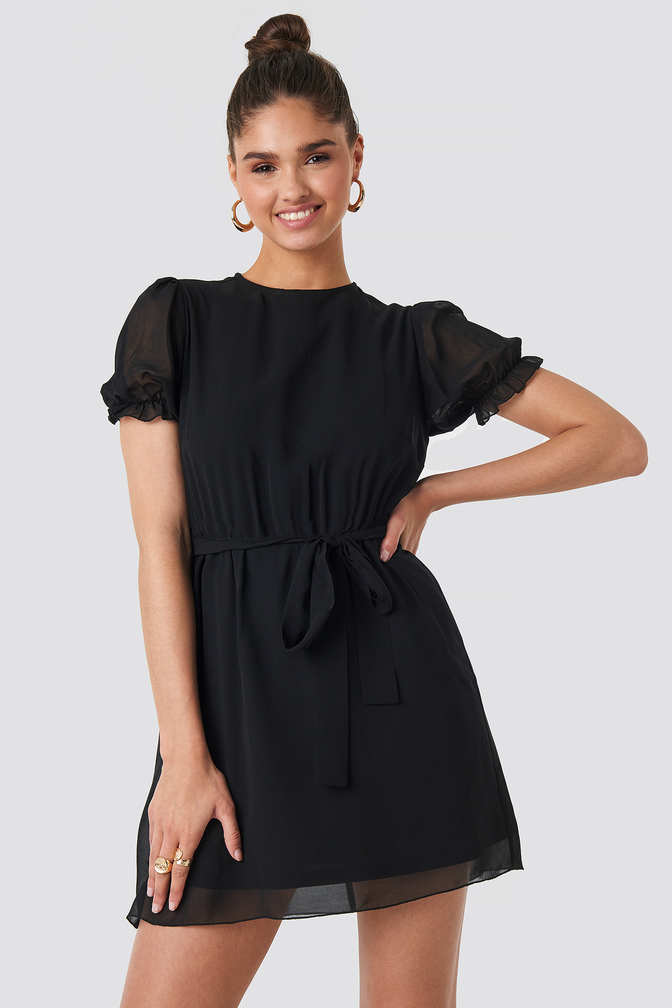 Black Short Sleeve Chiffon Dress