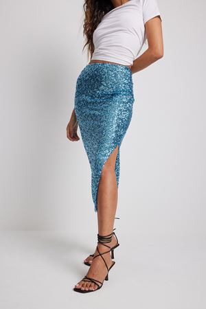 Light Blue Slit Detail Sequin Midi Skirt