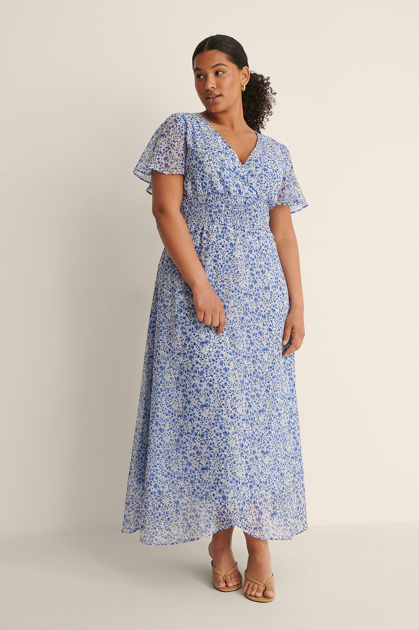 Blue Flower Print Smocked Waist Maxi Sheer Dress