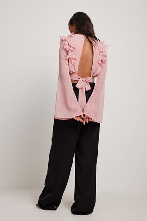Dusty Pink Trumpet Sleeve Strap Detail Dobby Blouse