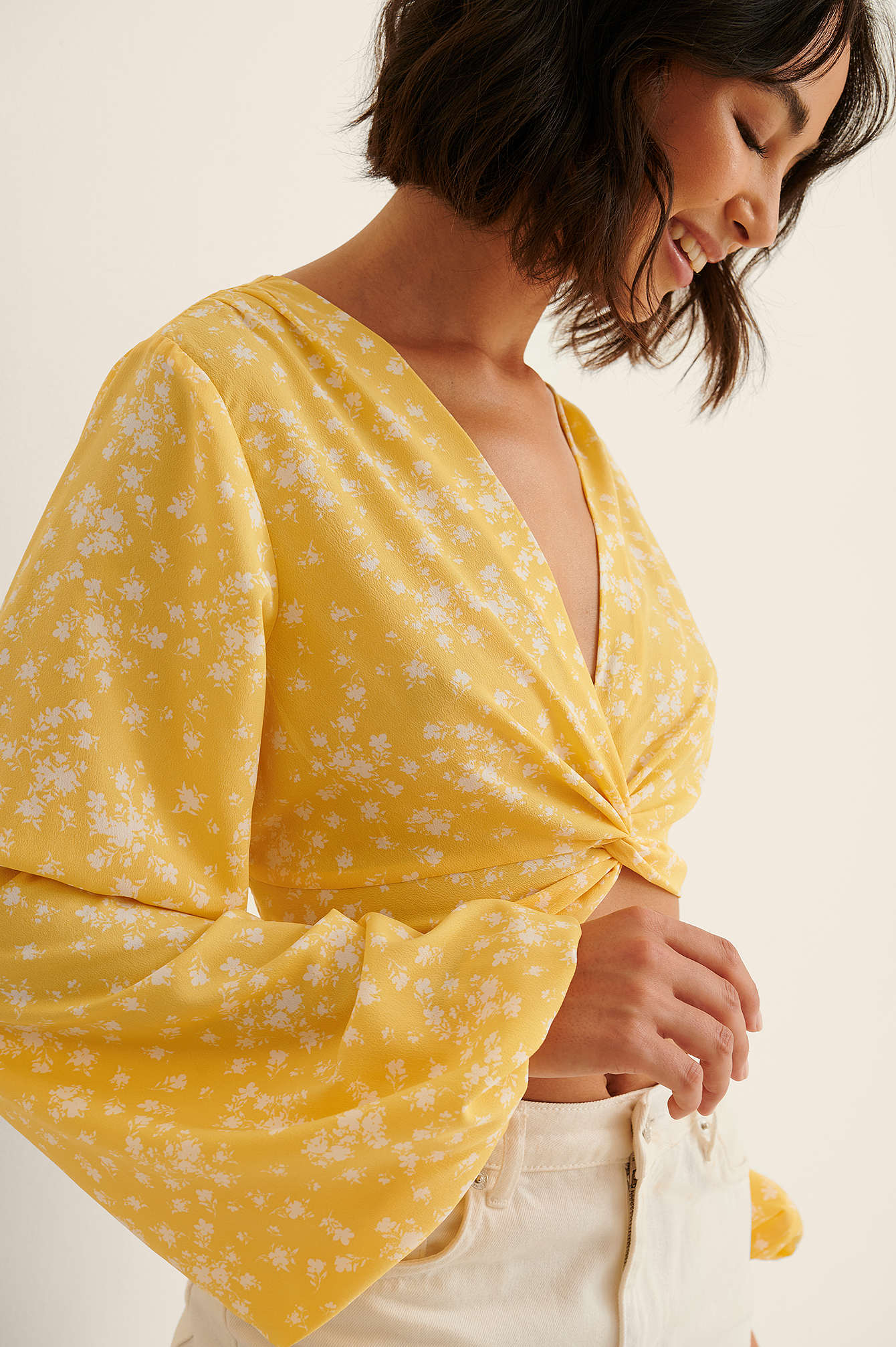Yellow Flower Twist Front Long Sleeve Blouse