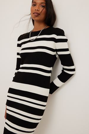 Black/White Ribbed Knitted Striped Dress