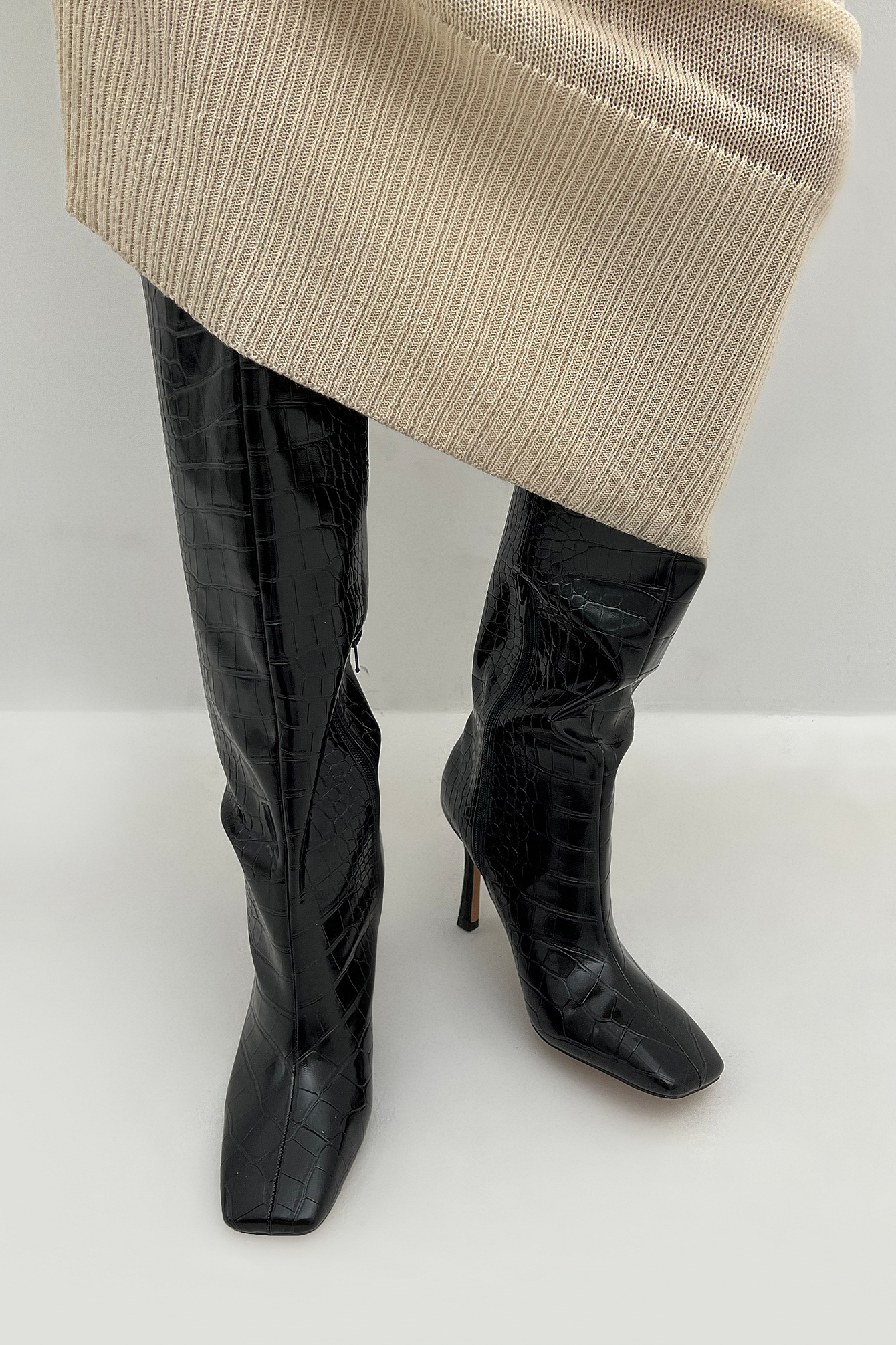 Black Wide Shaft Stiletto Boots